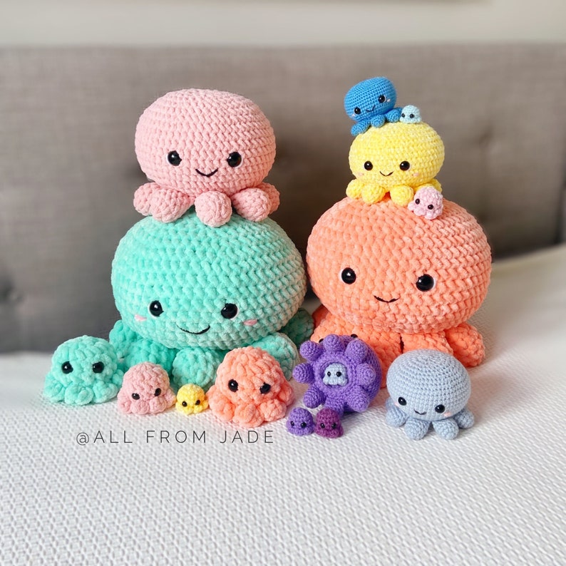 Crochet PATTERNS NO SEWING required: The Original Kawaii Octopus Family English/French image 1