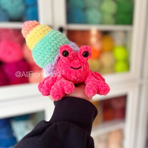 May include: A crocheted pink hermit crab toy with a rainbow shell. The crab has black eyes and a smiling mouth. The toy is held in a hand wearing a black sweater.