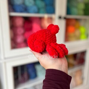 May include: A hand holds a crocheted red crab plush toy. The crab has a textured, fuzzy surface and is a bright red color.