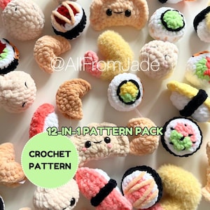 Peut inclure: Un ensemble de patrons de crochet comprenant 12 motifs différents de sushis et de plats japonais. Le pack comprend des patrons pour réaliser une variété de rouleaux de sushis, notamment au saumon, au thon et à l'avocat, ainsi que d'autres plats japonais populaires comme le tempura et l'edamame. Les patrons sont tous en anglais et faciles à suivre, ce qui les rend parfaits pour les débutants et les crocheteurs expérimentés.  @AllFromJade