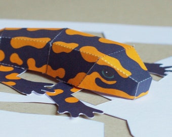 Salamander papercraft kit in black and yellow. DIY salamander for children, pdf digital download ebook