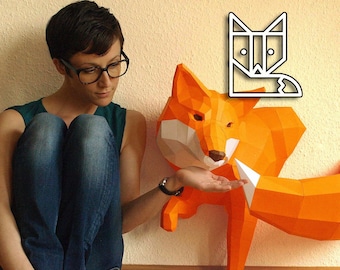 Grosser Fuchs Papierskulptur, Wanddesign DIY Projekt, Bastelbogen für Ferien, Fuchsskulptur Hobbyprojekt
