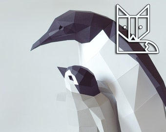 Pinguin Mama und Kind. Paperwolf Bastelbogen, 3D Tier zum Selberbauen, Ausschneidebogen aus vorgestanztem Papier in Grau Weiss Schwarz