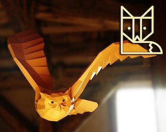 Big Eagle Owl, DIY papercraft kit, geometric owl sculpture, paper sculpture living room, lowpoly caramel owl, Paper animal