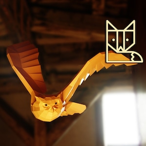 Big Eagle Owl, DIY papercraft kit, geometric owl sculpture, paper sculpture living room, lowpoly caramel owl, Paper animal