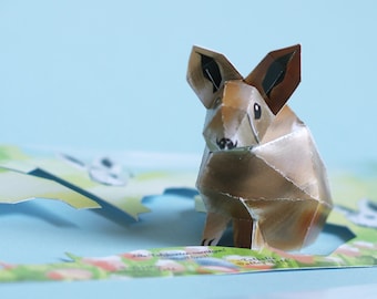 Postcard easter rabbit, little brown bunny on a card. mini papercraft kit. Postcard Size: 210x105mm art edition