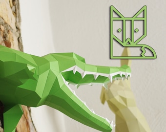 Crocodile DIY Wall sculpture, paper alligator, croc trophy teeth, geometric, polygonal origami papercraft animal, slowing down everyday life