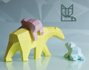 Paperwolf Polar Bear Family papercraft kit, Set with 3 bears, polygonal geometric design piece, paper sculpture climate change awareness