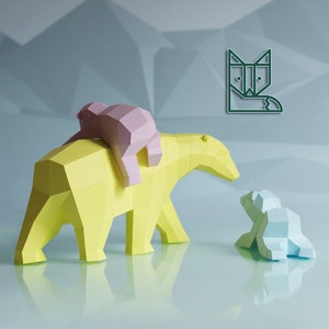 Paperwolf Polar Bear Family papercraft kit, Set with 3 bears, polygonal geometric design piece, paper sculpture climate change awareness