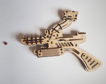 Wooden pistol, pump gun, STEM project laser-cut toy DIY kit, rubber gun 8mm bullets