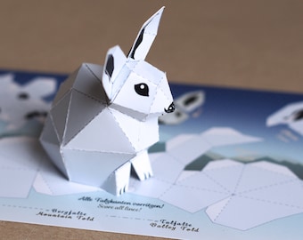 Postcard Snow Hare, little snow bunny on a card. mini papercraft kit. Postcard Size: 210x105mm