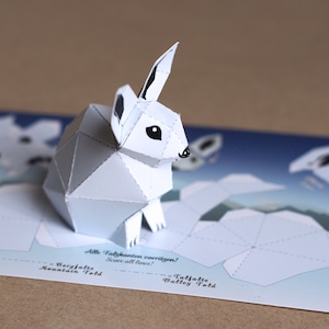 Postcard Snow Hare, little snow bunny on a card. mini papercraft kit. Postcard Size: 210x105mm