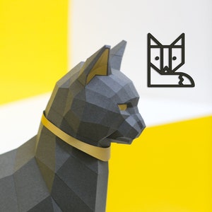 Black Cat Papercraft kit, PREMIUM Version with gold applications. Egypt Cat Goddess Bastet image 1