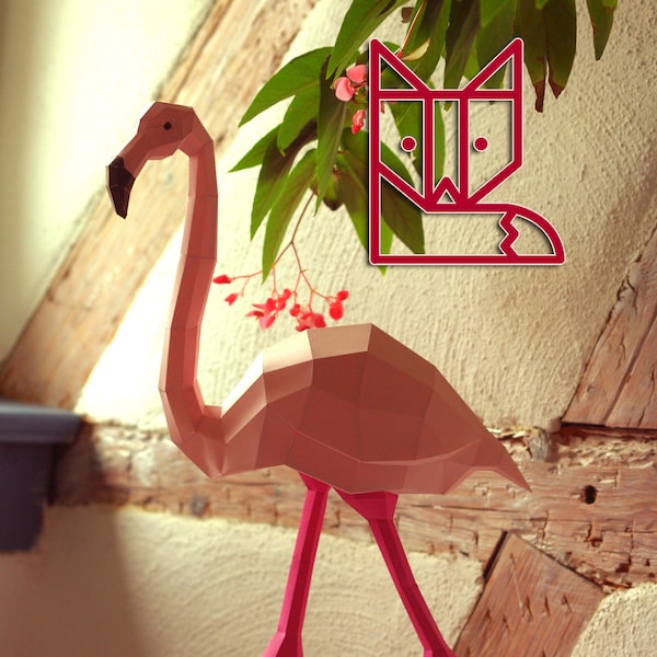 Flamingo Papercraft Kit, pink flamingo geometric paper sculpture, DIY 3D paper animal