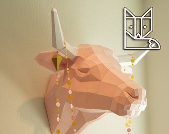 Fake Trophy Cow Cattle, Cow Deco kit, diy papercraft kit in many colors, rose and white paper sculpture, paper animal