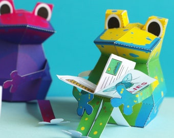 Colorful Frogs Papercraft Kit for children, pdf digital instant download ebook