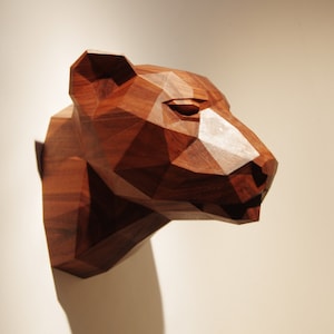 Wooden Leopard Head, Precious Oiled Black Walnut Sculpture, Geometric Design. Limited Edition