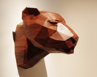 Wooden Leopard Head, Precious Oiled Black Walnut Sculpture, Geometric Design. Limited Edition