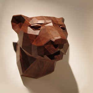 Wooden Leopard Head, Precious Oiled Black Walnut Sculpture, Geometric Design. Limited Edition image 2