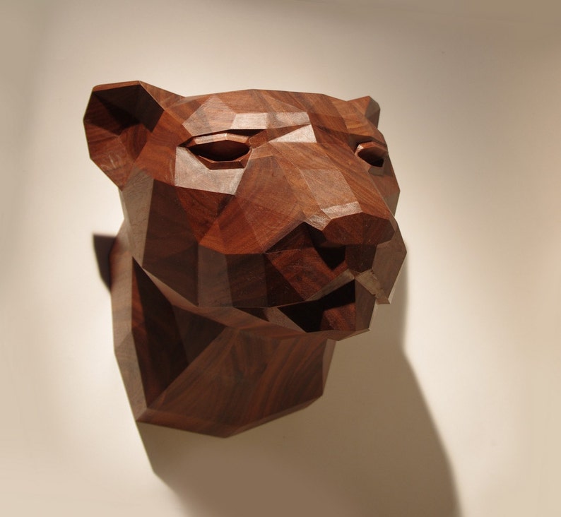 Wooden Leopard Head, Precious Oiled Black Walnut Sculpture, Geometric Design. Limited Edition image 2