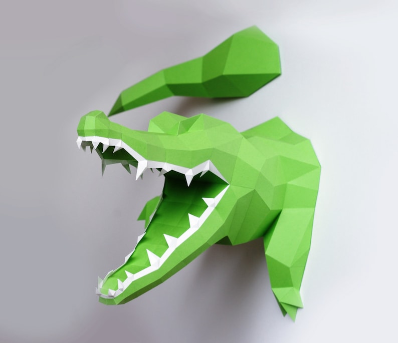 Crocodile DIY Wall sculpture, paper alligator, croc trophy teeth, geometric, polygonal origami papercraft animal, slowing down everyday life image 5