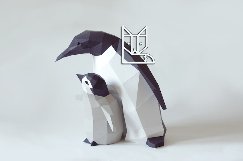 DIY Kit Penguin Mama and Chick by Paperwolf, 3D paper animal DIY cut out project grey white black image 1