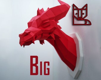 Big Dragon - Papercraft Kit, red paper dragon head, wall trophy fantasy fan, geometric style, polygon art low poly style