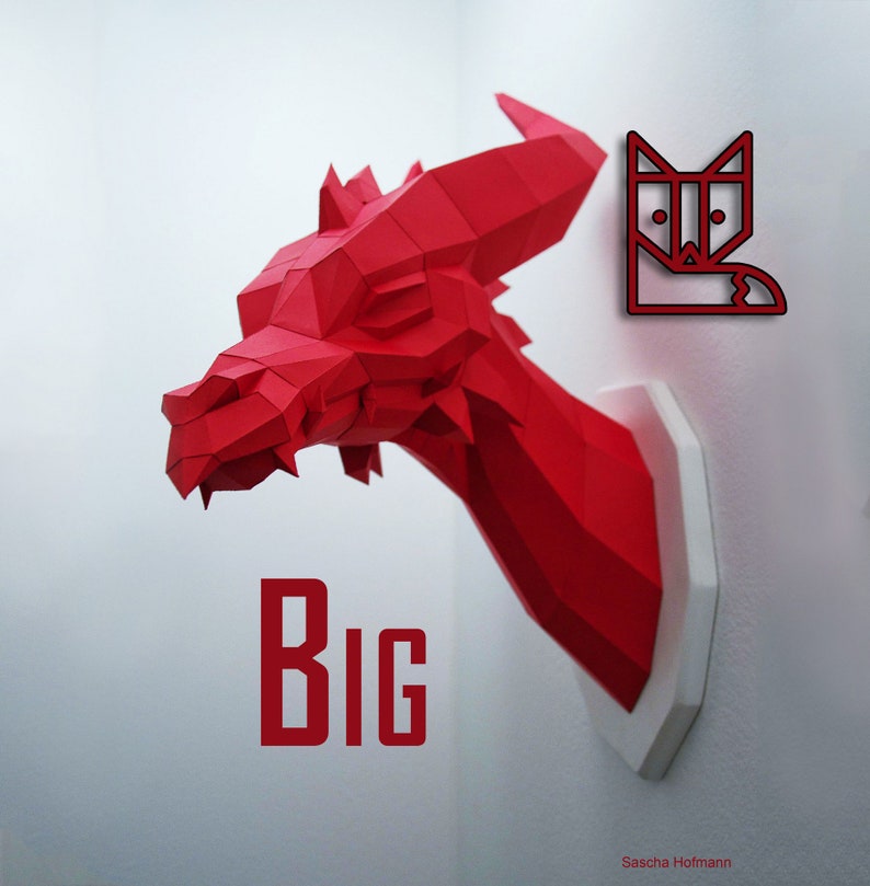 Big Dragon Papercraft Kit, red paper dragon head, wall trophy fantasy fan, geometric style, polygon art low poly style image 1