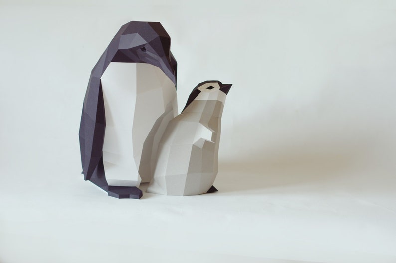 DIY Kit Penguin Mama and Chick by Paperwolf, 3D paper animal DIY cut out project grey white black image 6