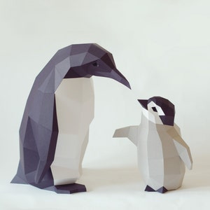 DIY Kit Penguin Mama and Chick by Paperwolf, 3D paper animal DIY cut out project grey white black image 5