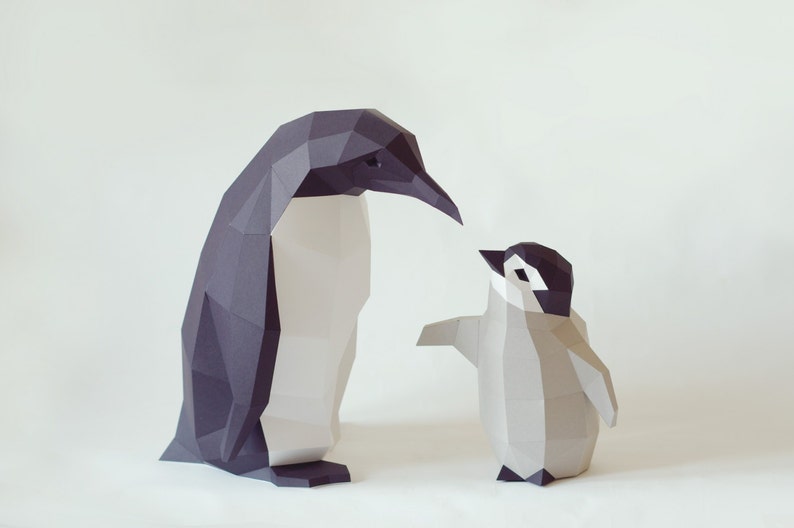 DIY Kit Penguin Mama and Chick by Paperwolf, 3D paper animal DIY cut out project grey white black image 5