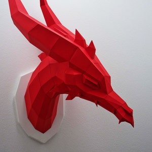 Big Dragon Papercraft Kit, red paper dragon head, wall trophy fantasy fan, geometric style, polygon art low poly style image 3