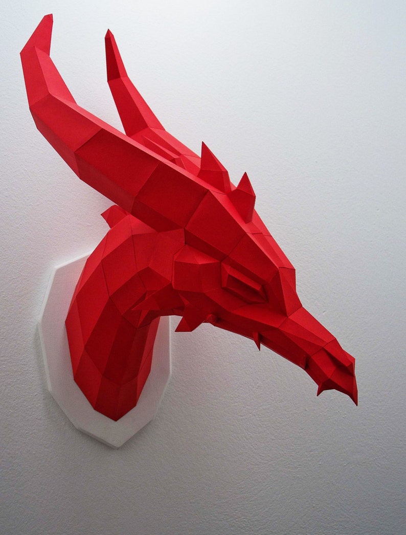Big Dragon Papercraft Kit, red paper dragon head, wall trophy fantasy fan, geometric style, polygon art low poly style image 3