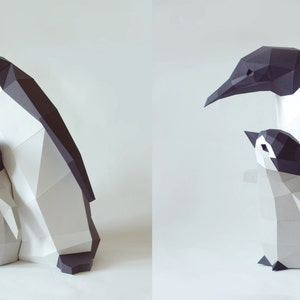 DIY Kit Penguin Mama and Chick by Paperwolf, 3D paper animal DIY cut out project grey white black image 4