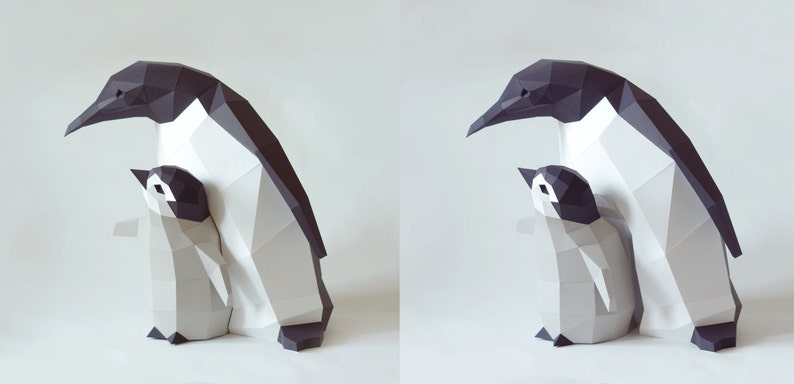 DIY Kit Penguin Mama and Chick by Paperwolf, 3D paper animal DIY cut out project grey white black image 4