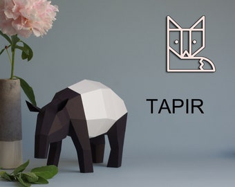 Malayan Tapir, Asian Tapir Paperwolf paper animals, DIY paper sculpture, papercraft kit in black and white, geometric decoration