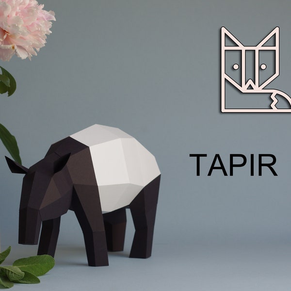 Malayan Tapir, Asian Tapir Paperwolf paper animals, DIY paper sculpture, papercraft kit in black and white, geometric decoration