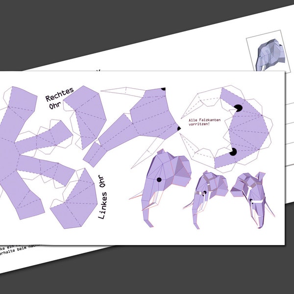 Postcard "Mini Elephant" DIY papercraft template,