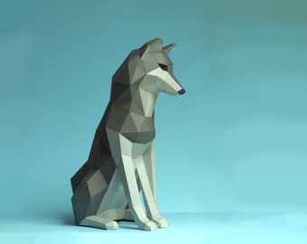 The Paper Wolf papercraft kit, Sitting Wolf by Paperwolf.  Friendly, child-friendly Husky paper sculpture