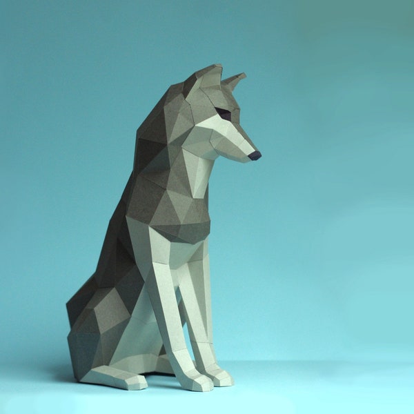 The Paper Wolf papercraft kit, Sitting Wolf by Paperwolf.  Friendly, child-friendly Husky paper sculpture