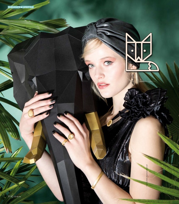 Elefant Bastelbogen Schwarz-Gold PREMIUM Papierskulptur selbermachen elefantenkopf papptier diy bausatz ausschneidebogen paperwolf lowpoly