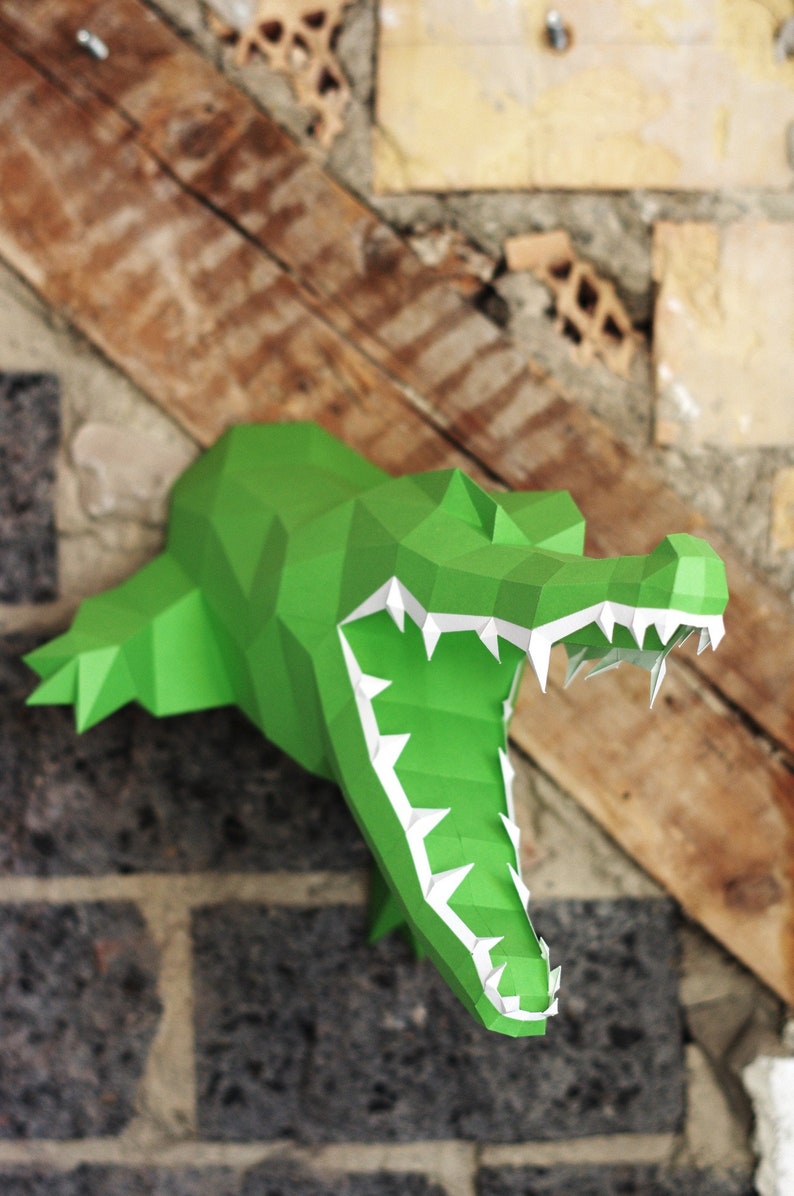 Crocodile DIY Wall sculpture, paper alligator, croc trophy teeth, geometric, polygonal origami papercraft animal, slowing down everyday life image 4