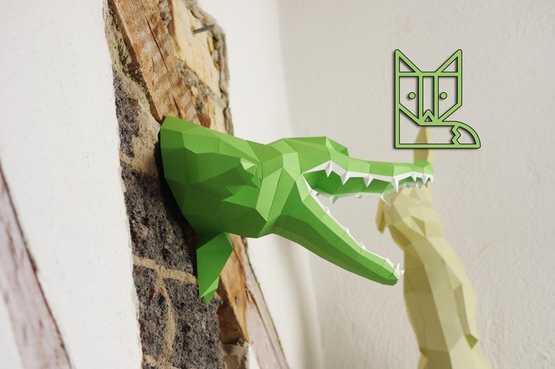 Crocodile DIY Wall sculpture, paper alligator, croc trophy teeth, geometric, polygonal origami papercraft animal, slowing down everyday life image 1