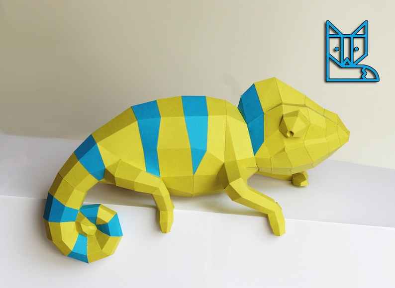 Chameleon Paper Sculpture DIY project by Paperwolf Lime-Blue