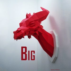 Big Dragon Papercraft Kit, red paper dragon head, wall trophy fantasy fan, geometric style, polygon art low poly style image 2