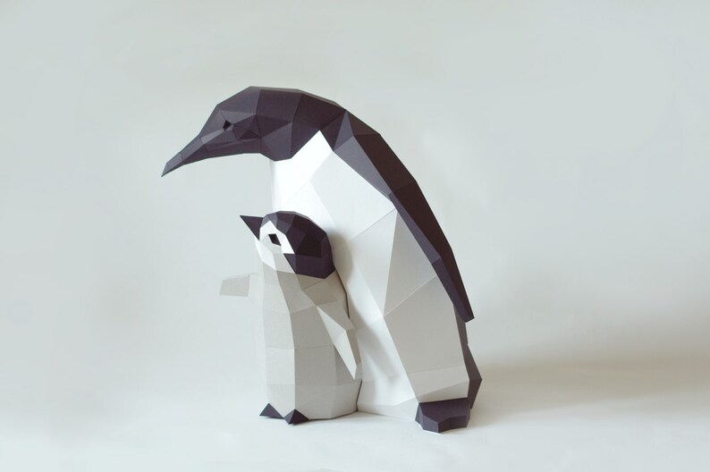 DIY Kit Penguin Mama and Chick by Paperwolf, 3D paper animal DIY cut out project grey white black image 2