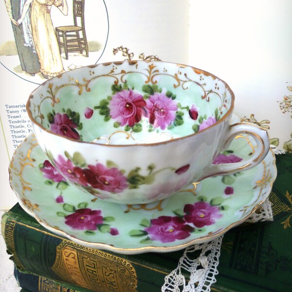 Radiant Orchid and Pale Green Tea Cup and Saucer. Vintage. Cottage Chic. French Farmhouse. Mother's Day Gift. Shabby China. BR172