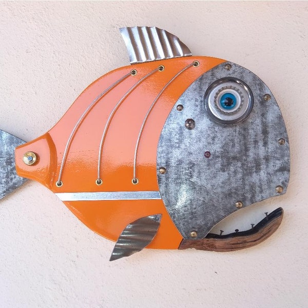 Poisson, Sculpture, poisson à la main, Steampunk poisson, canne à pêche, leurre, moulinet, décor de plage, plage signe, basse poissons, thon