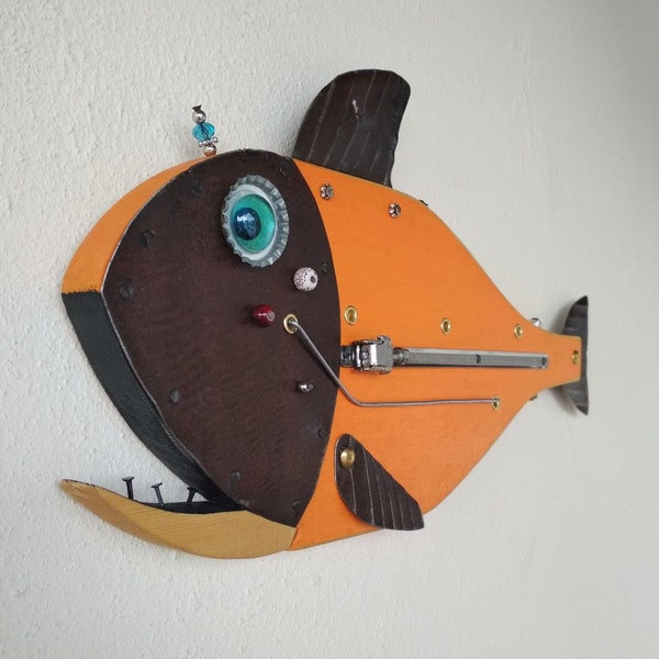 Sculpture, décor de poissons, poisson Steampunk, canne à pêche, leurre, moulinet, décor de plage, cadeau de pêcheur, de poisson poisson art, décor de maison de plage