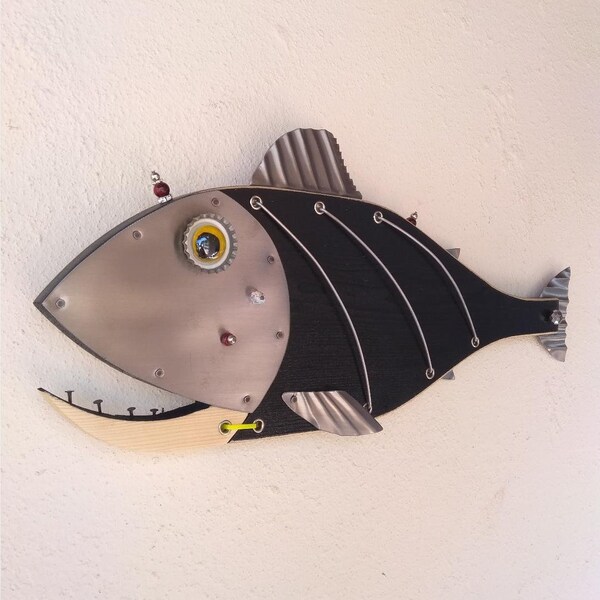Poisson, Sculpture, poisson à la main, Steampunk poisson, canne à pêche, leurre, moulinet, décor de plage, plage signe, basse poissons, thon